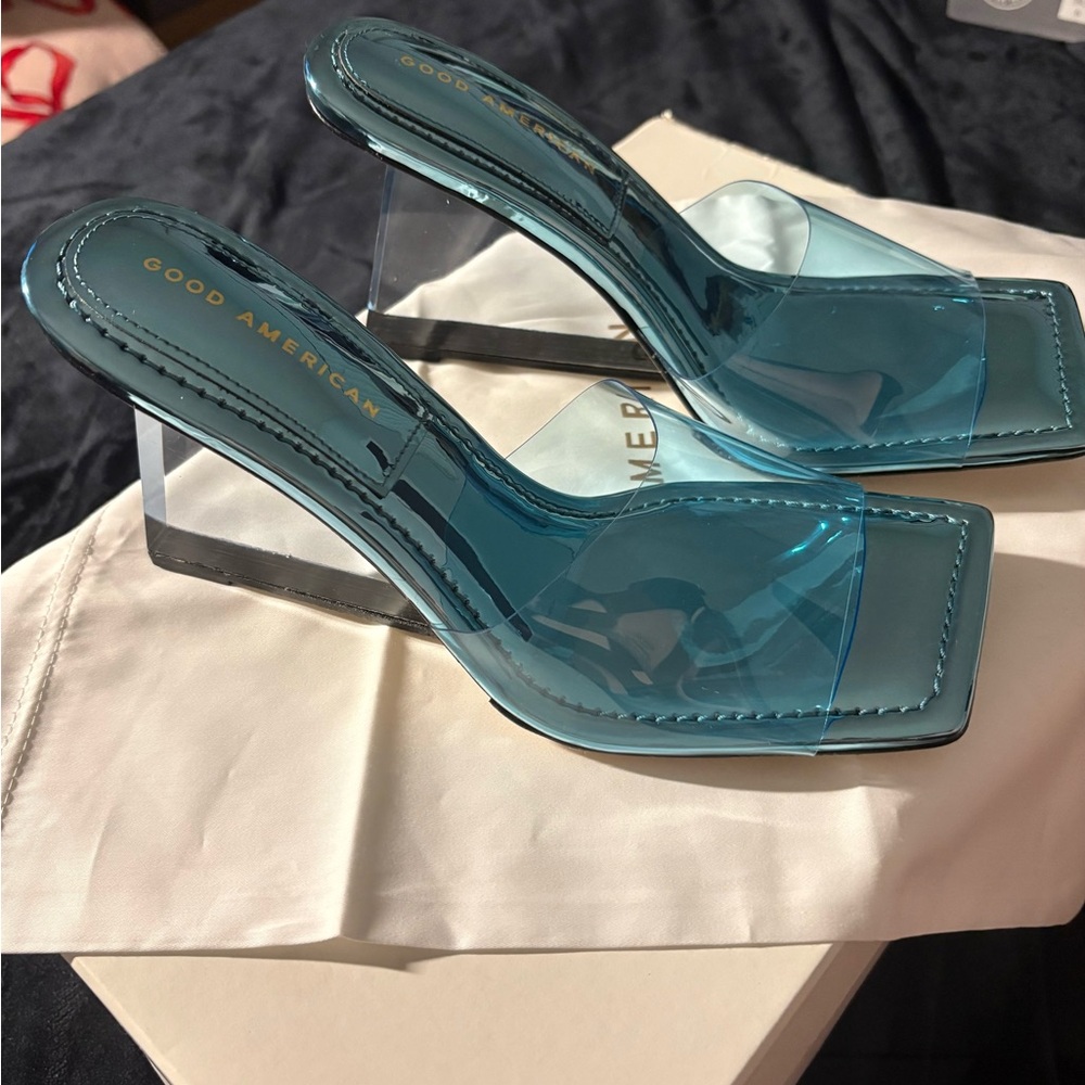 Good American Teal Clear PVC Square Mule Heels